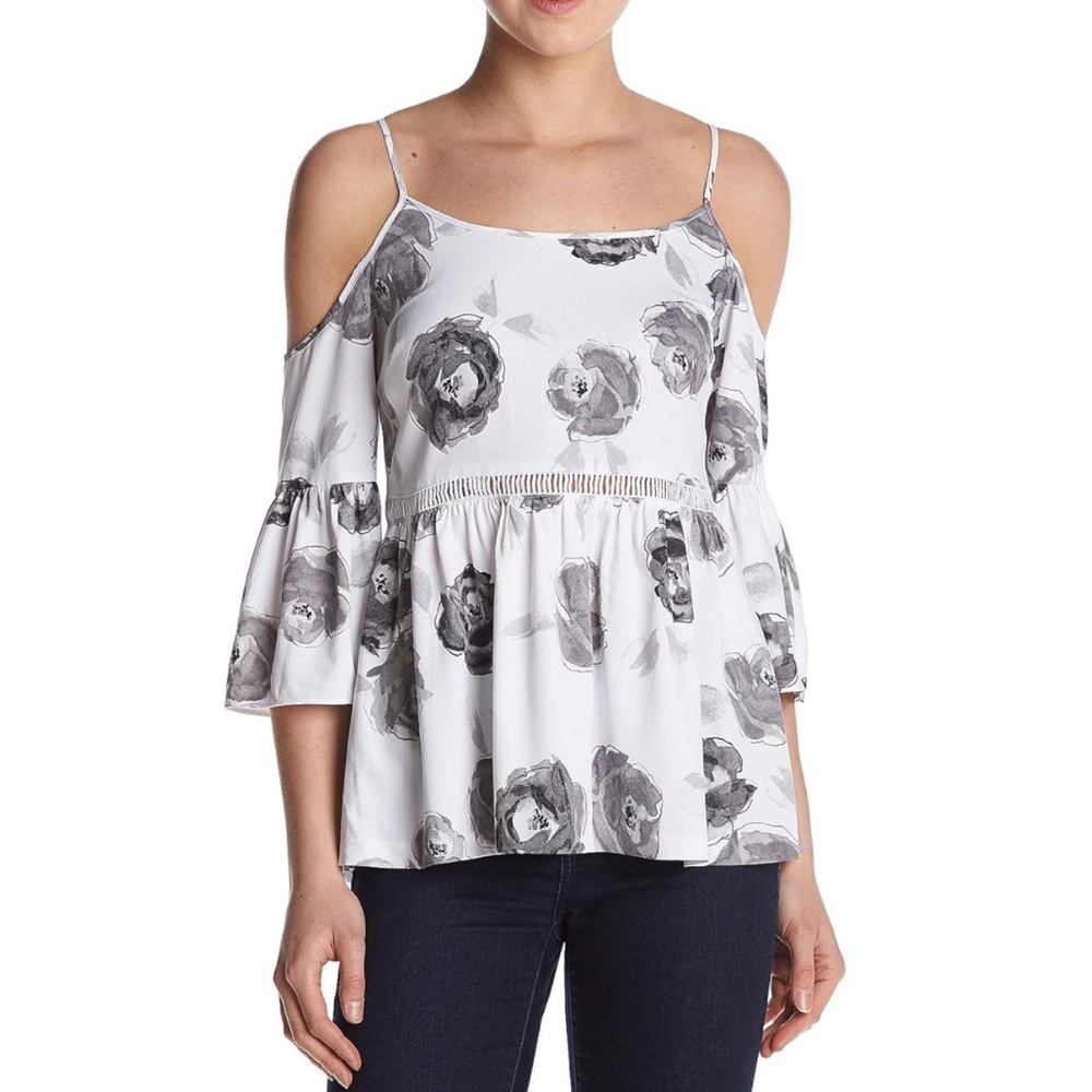 kensie Women's Garden Rose Print Cold Shoulder Top XS